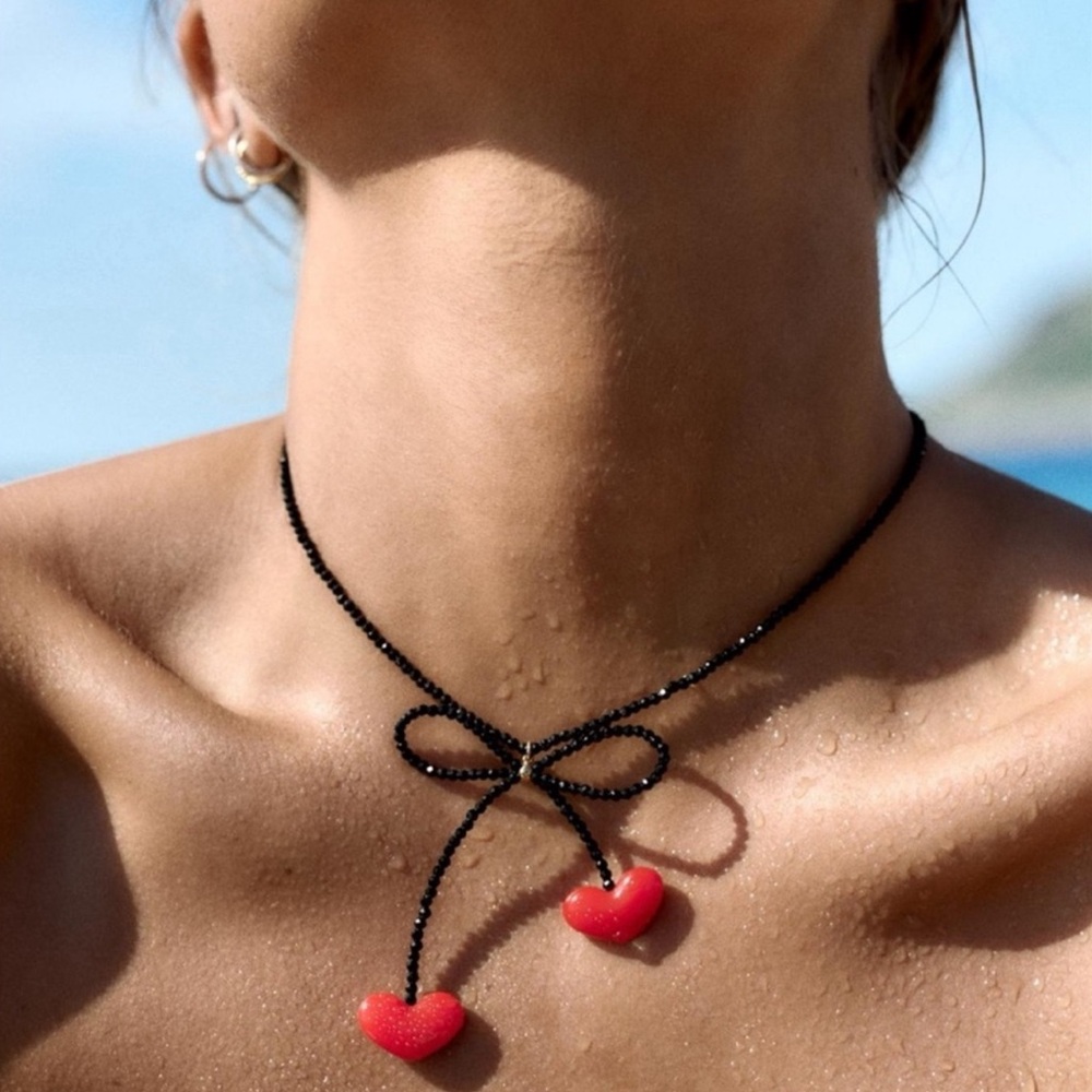 Zara NWT Hearts Bow Beaded Choker Necklace